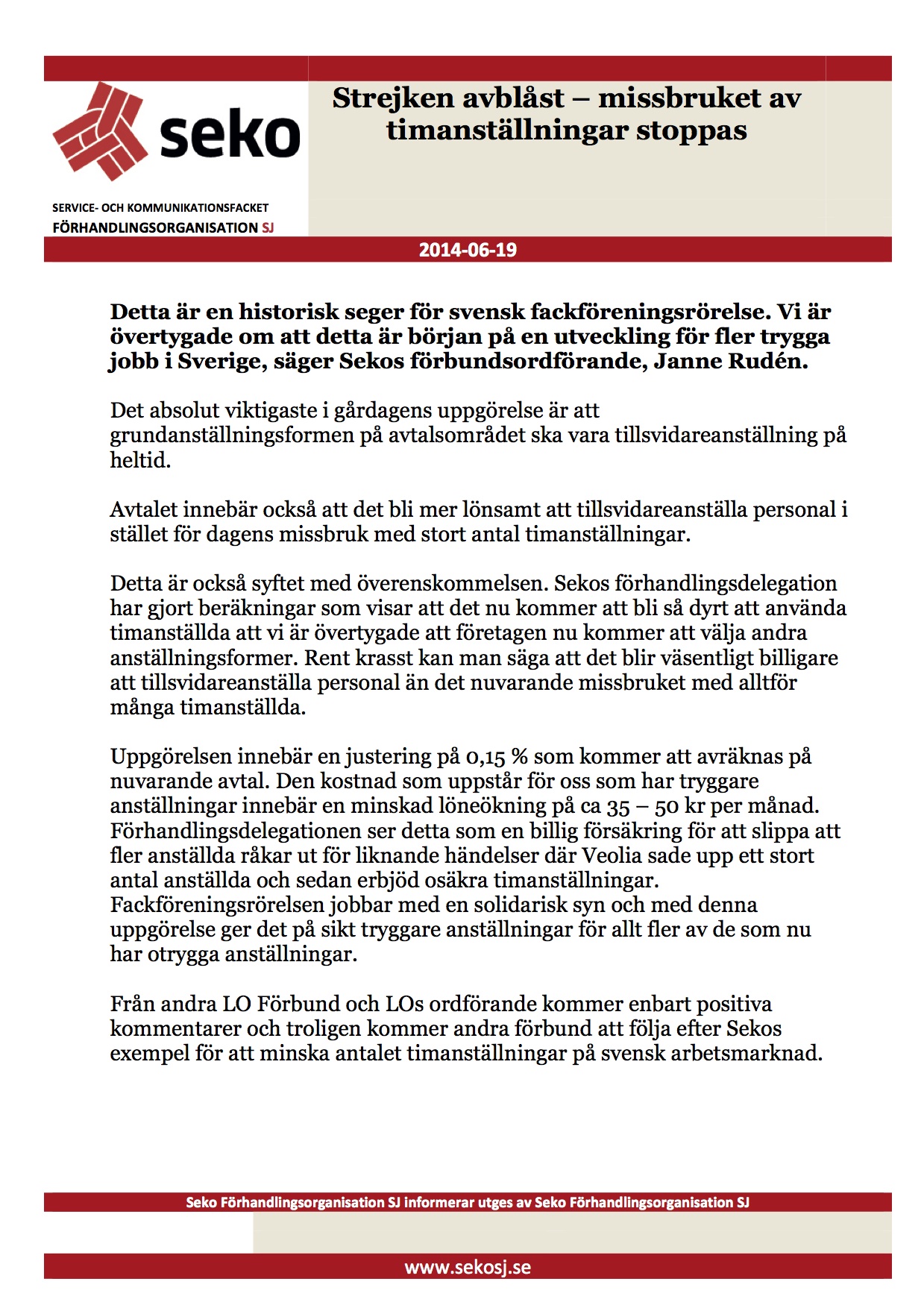 2014-06-19 Seko SJ informerar om nytt branschavtal spårtrafik